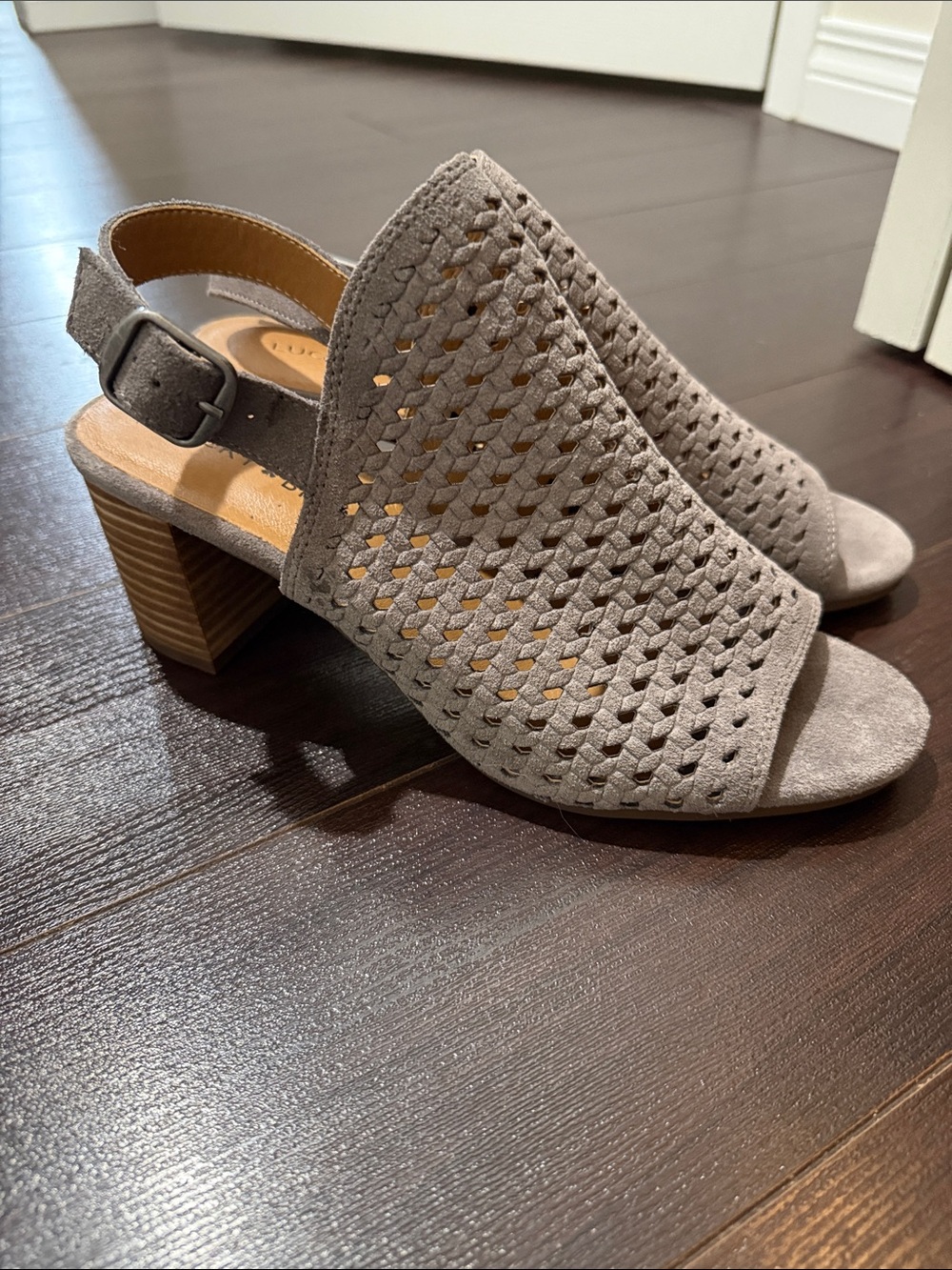 Lucky Brand Taupe Woven Suede Open-Toe Block Heels